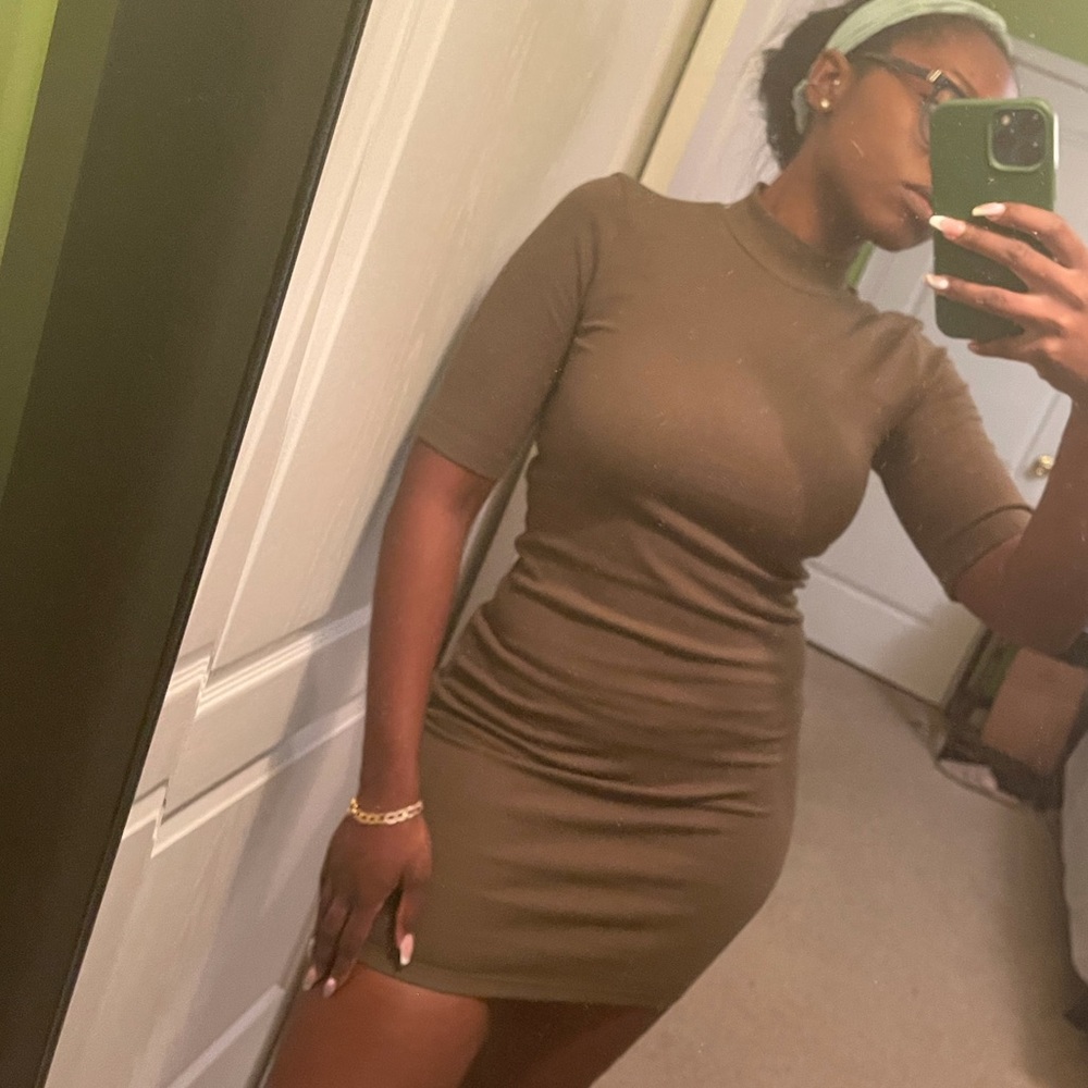 Olive Mock Neck Ribbed Dress